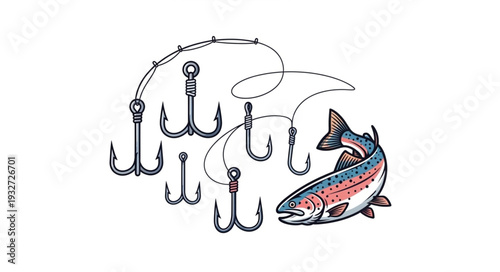 Fishing hooks and a colorful fish illustration on a white background, ready to catch.