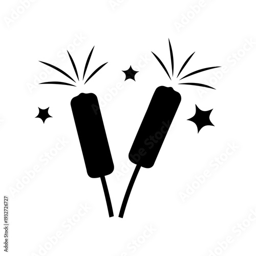 Two black sparklers emitting sparks surrounded by stars on white background