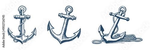 Set of three different detailed ship anchors with rope vector illustration for marine themes