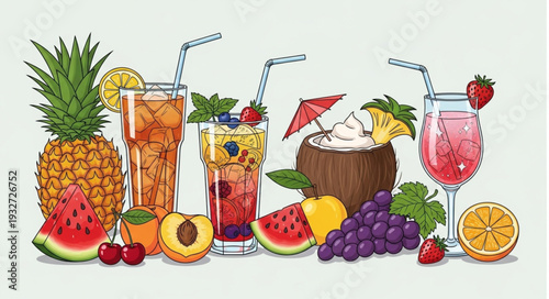 Refreshing tropical fruit drinks and cocktails for summer enjoyment and relaxation.