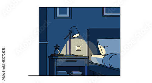 A dark bedroom nightstand with a lit lamp, books, and a small plant.