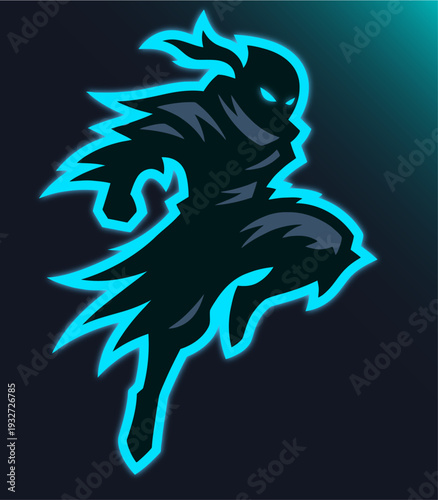 Stealth Assassin in Action. A silhouetted ninja, poised in a dynamic pose with focused eyes and flowing garments, ready to strike on a mysterious background.