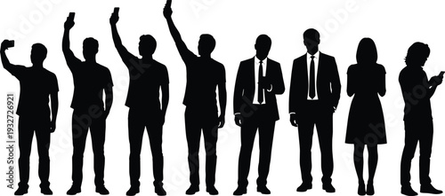 Diverse group of people taking selfies and raising phones, men women in casual and business attire, black silhouette vector illustration, social media crowd