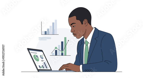 A focused Black businessman analyzing data and financial reports on a laptop with charts and graphs in the background.