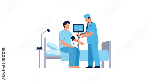 Doctor measures patient's blood pressure in a hospital room.