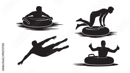 Snow Tubing Silhouettes in Dynamic Action with Black and White Contrast on Isolated White Background for Winter Sports