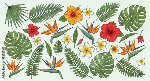 Tropical floral arrangement featuring vibrant hibiscus flowers and lush green foliage, perfect for design.