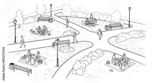 Park scene with pathways, trees, benches, and streetlights, a tranquil outdoor space.