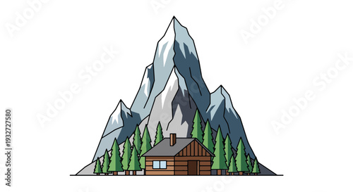 A cartoon illustration of a cozy wooden cabin surrounded by green pine trees at the base of a majestic snow-capped mountain peak.