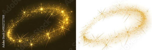 Luminous Golden Star Swirl with Magic Glitter Particles and Sparkling Light Effects on Transparent and Black Backgrounds