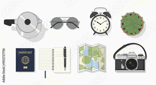 Flat lay of travel essentials including passport, map, and camera.