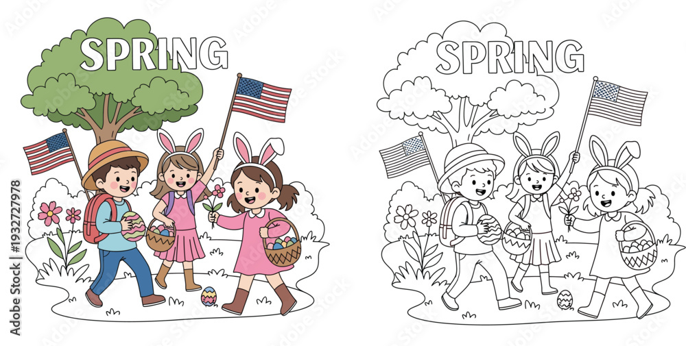 Naklejka premium Children Celebrating Spring and Easter with US Flags Coloring Page