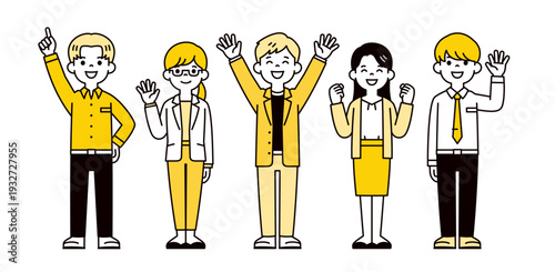 笑顔で楽しそうにポーズをとる、複数の若いビジネスパーソンの全身ベクターイラスト素材セット