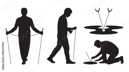 Blind person with cane in different poses in black silhouette on white background for accessibility illustration