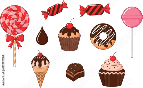 Cute cartoon sweets and dessert vector illustration set with cupcakes, donuts, ice cream, lollipops, candies, and chocolate treats for bakery, party, and kids designs