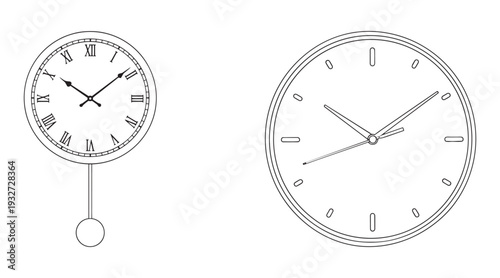 Set of two clocks, one with roman numerals and pendulum, other with numbers. vector illustration