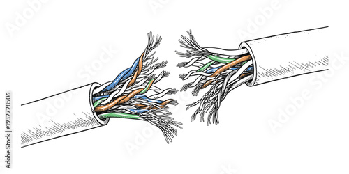 Broken ethernet cable connection failure or disruption. network problem. vector illustration in sketch style