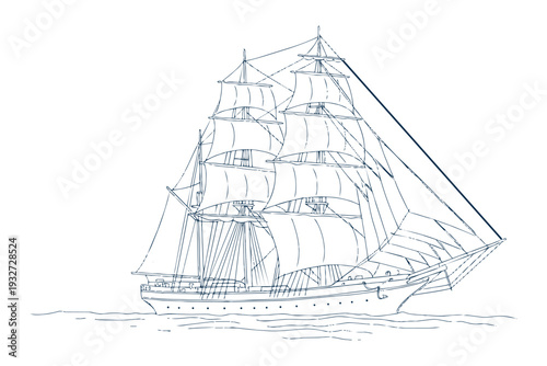 Sailboat on the water with full sails. classic sailing ship. vector illustration in sketch style