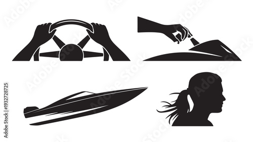Silhouette of woman and vehicle controls in modern minimalist design with black color on white background for graphic design