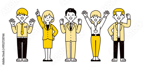 複数の元気な男女・ビジネスマン・ビジネスウーマンのシンプルな全身ベクターイラスト素材セット