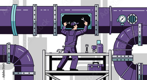 Illustration of a plumber in overalls repairing purple industrial pipes while standing on scaffolding, using wrenches and a toolbox in a factory or plant setting.