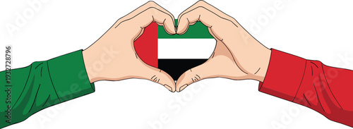 Hands forming heart shape with United Arab Emirates flag colors vector illustration symbolizing love, unity, patriotism, national pride, and cultural identity designs