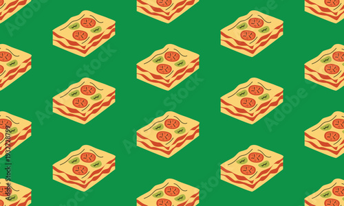 Italian lasagna pattern background with tomatoes and basil illustrations