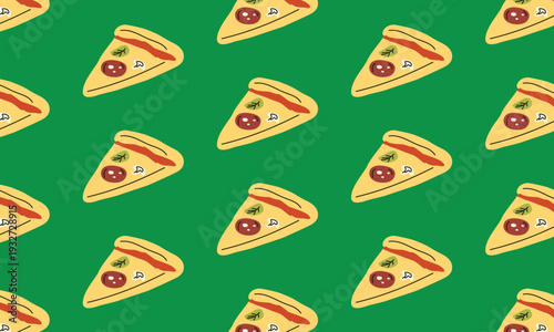 Italian pizza pattern background with salami, mushrooms and basil slice illustrations