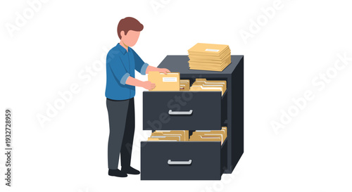 An illustrated man places a manila folder into a dark grey filing cabinet.