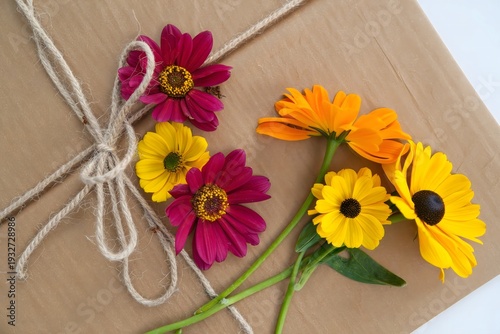 Rustic Gift Wrapped with Flowers and Twine