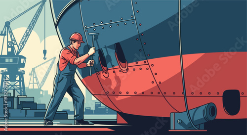 Illustration of a shipyard worker in overalls and a hard hat repairing a large ship's hull with a rivet hammer, cranes visible in the background, conveys industry and labor.