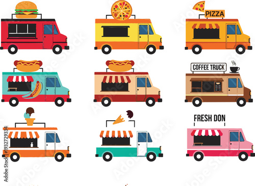 Colorful food truck cartoon vector set with burger, pizza, hot dog, coffee, ice cream, and street food vans for festival, catering, and urban design projects