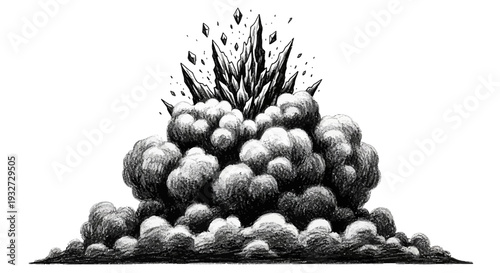 Explosion of crystals from smoky clouds, ink drawing