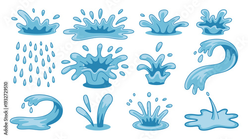 Collection of blue cartoon water splashes droplets and waves isolated white background