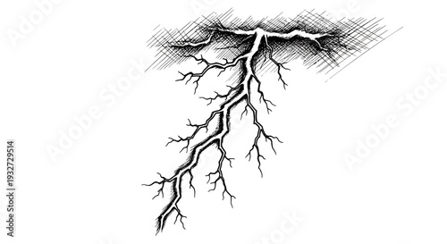 Ink drawing of a lightning bolt striking down from a textured sky