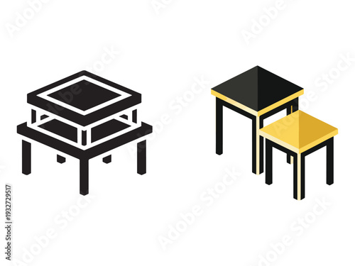 Isometric stacked tables and small yellow table furniture pieces  modern home office or living room decor concept