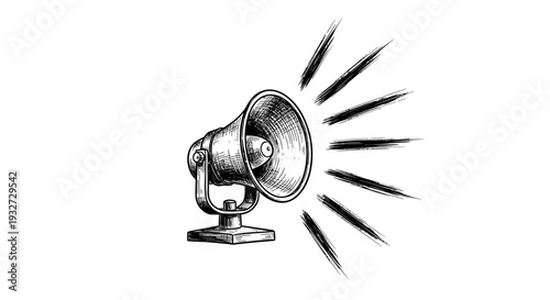Hand-drawn megaphone emitting sound waves, vintage sketch style