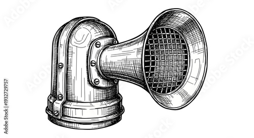 Steampunk horn, vintage sound device, retro industrial design, scratchboard illustration