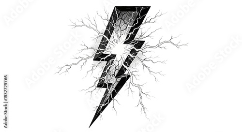 Stylized lightning bolt graphic with crackling energy and branches on white background