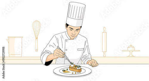 Chef Decorating Pastry with Precision, Culinary Artistry in Kitchen