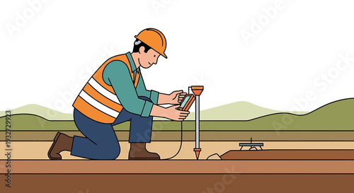 Construction worker with survey equipment measuring ground level, outdoor site