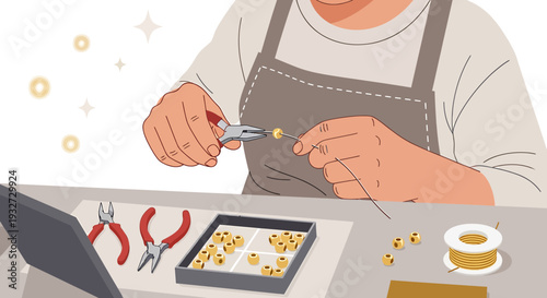 Crafting jewelry, hands using pliers to attach bead to wire, creating handmade accessories