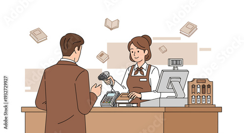 Customer Buying Books at Bookstore Counter with Cashier Scanning Items