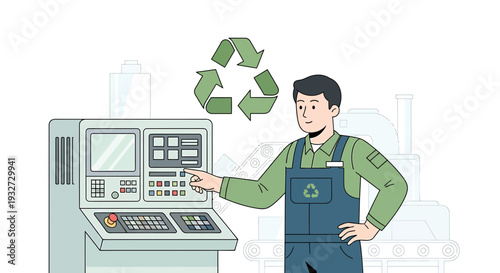 Factory Worker Operating Machinery with Recycling Symbol