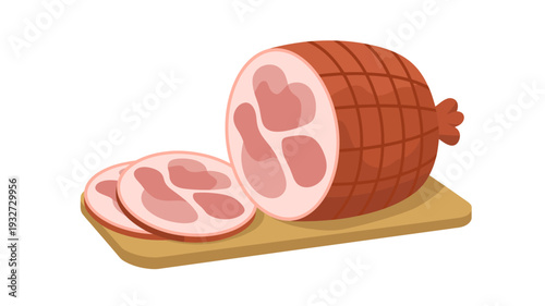 Sliced cooked ham with netting a wooden cutting board a delicious meat food