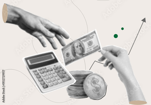 Trendy modern halftone collage,business college with halftone calculator,and money transfer,money exchange and financial growth concept
