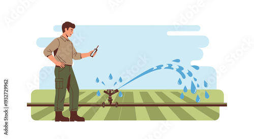 Farmer controlling irrigation system with smartphone, smart agriculture concept