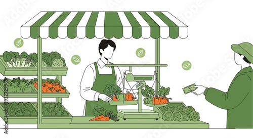 Farmer selling fresh produce at market stall with customer buying vegetables