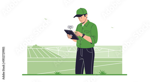Farmer using tablet in field, GPS technology for agriculture, modern farming concept