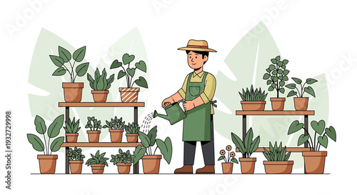Gardener Watering Plants in a Greenhouse, Caring for Indoor Plants